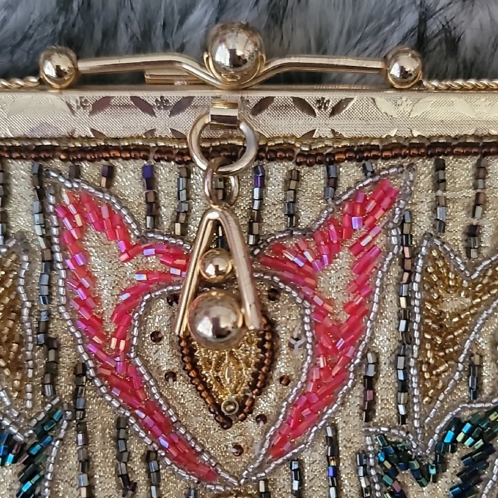 Gold and Multicolor Beaded  Women's Clutch With Crossbody Chain